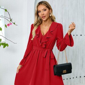 Ruffled V-Neck Flounce Sleeve Dress